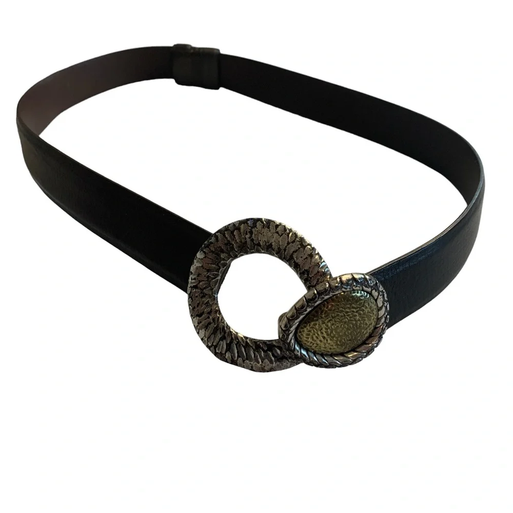 Chicos Brown Leather Adjustable Belt with Hammered Metal Hardware Size S…